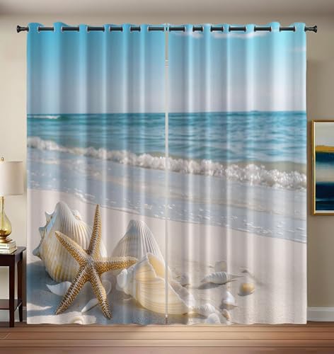 CEDNXOER Strand Muschel Verdunklungsvorhänge Natur Ozean Vorhang Blickdichter, Curtains Mit ösen Polyester Deko Gardinen für Schlafzimmer Wohnzimmer, H 245 x B 140 cm Verdunkelung 2er Set von CEDNXOER
