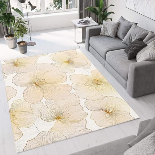 CEDNXOER Teppich Goldfolie Blütenblätter rutschfest Waschbar Teppiche, Linien Blumen Druck Raumteppich für Schlafzimmer Kinderzimmer Esszimmer Kurzflor Creme Wohnzimmer 240x340cm Schlafzimmerteppich von CEDNXOER