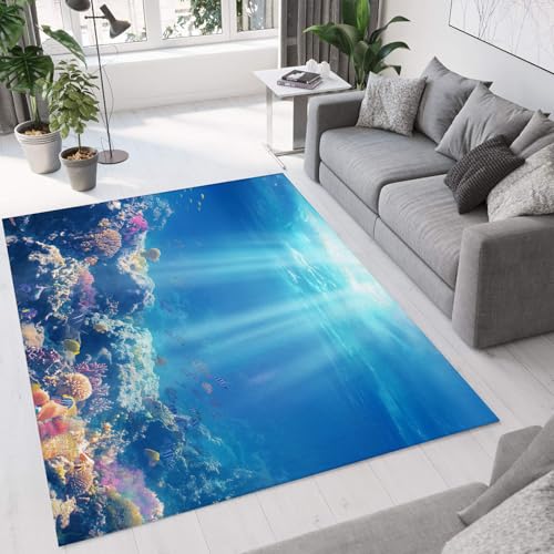 CEDNXOER Teppich Tiefblau Ozean rutschfest Waschbar Teppiche, Natur Koralle Druck Raumteppich für Schlafzimmer Kinderzimmer Esszimmer Kurzflor Königsblau Wohnzimmer 160x230cm Schlafzimmerteppich von CEDNXOER