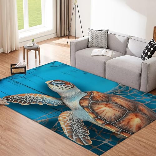 CEDNXOER Türkis Teppich Wohnzimmer 240x340cm rutschfest Kurzflor Schlafzimmer Hundeteppiche, Abstrakte Schildkröte Ozean Thema Waschbar Bettvorleger pflegeleicht Teppiche für Büro von CEDNXOER