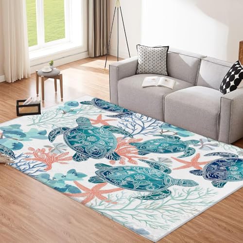 CEDNXOER Türkisfarbene Schildkröte Teppich Wohnzimmer 140x200cm, Kurzflor Weich rutschfest Waschbare Teppiche, Abstrakt Tiere Deko Teppich Größe Bettvorleger Schlafzimmer Kinderzimmer 140x200cm von CEDNXOER