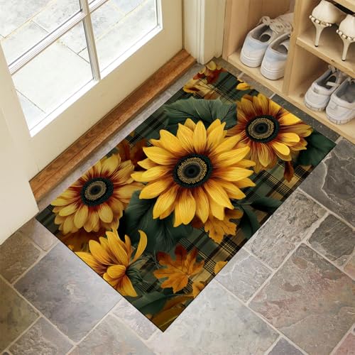 CEDNXOER Türmatten Waschbar 50x70 cm Sonnenblumengitter, Anti-Rutsch Schmutzfang Bodenmatte, Bauernhaus Blumen Innen Haustür Matten, Gelb Absorbierende Low Profile Matte für Halle Eingang von CEDNXOER