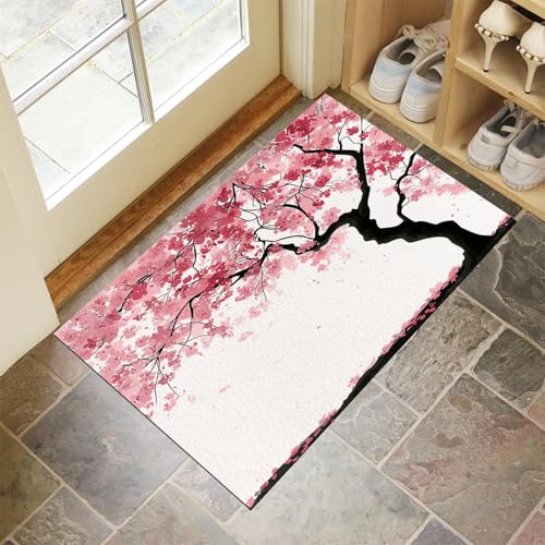 CEDNXOER Türmatten Waschbar 50x80 cm Abstrakt Kirschblütenbaum, Anti-Rutsch Schmutzfang Bodenmatte, Blütenblätter Blumen Innen Haustür Matten, Weiß Absorbierende Low Profile Matte für Halle Eingang von CEDNXOER