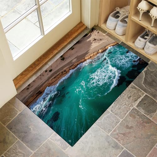 CEDNXOER Türmatten Waschbar 50x80 cm Strand, Anti-Rutsch Schmutzfang Bodenmatte, Natur Seelandschaft Wellen Innen Haustür Matten, Grün Absorbierende Low Profile Matte für Halle Eingang von CEDNXOER