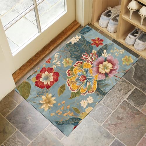 CEDNXOER Türmatten Waschbar 60x90 cm Abstrakte Blumen Blätter, Anti-Rutsch Schmutzfang Bodenmatte, Aquarell Pflanzen Innen Haustür Matten, Hellblau Absorbierende Low Profile Matte für Halle Eingang von CEDNXOER