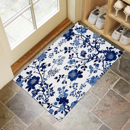 CEDNXOER Türmatten Waschbar 60x90 cm Elegant Blumen, Anti-Rutsch Schmutzfang Bodenmatte, Landschaft Blumen Innen Haustür Matten, Marineblau Absorbierende Low Profile Matte für Halle Eingang von CEDNXOER