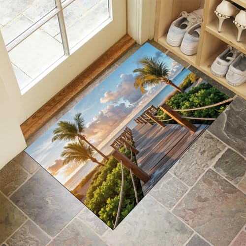 CEDNXOER Türmatten Waschbar 60x90 cm Holzbrücke Strand, Anti-Rutsch Schmutzfang Bodenmatte, Tropische Palmen Innen Haustür Matten, Grün Absorbierende Low Profile Matte für Halle Eingang CEDNXOER Türmatten Waschbar 60x90 cm Holzbrücke Strand, Anti-Rutsch Schmutzfang Bodenmatte, Tropische Palmen Innen Haustür Matten, Grün Absorbierende Low Profile Matte für Halle Eingang von CEDNXOER