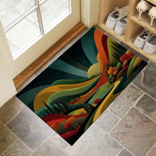 CEDNXOER Türmatten Waschbar 60x90 cm Hügel Bäume, Anti-Rutsch Schmutzfang Bodenmatte, Pflanzen Illustrationen Innen Haustür Matten, Grün Absorbierende Low Profile Matte für Halle Eingang von CEDNXOER