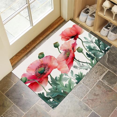 CEDNXOER Türmatten Waschbar 80x120 cm Rote Mohnblüten, Anti-Rutsch Schmutzfang Bodenmatte, Landschaft Blumen Innen Haustür Matten, Grün Absorbierende Low Profile Matte für Halle Eingang von CEDNXOER
