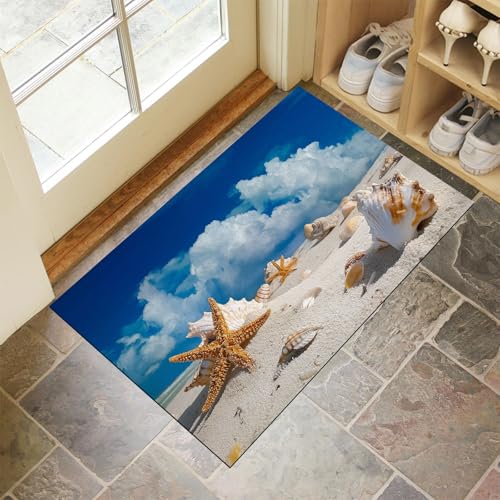 CEDNXOER Türmatten Waschbar 80x120 cm Strand Seestern, Anti-Rutsch Schmutzfang Bodenmatte, Natur Meerblick Innen Haustür Matten, Blau Absorbierende Low Profile Matte für Halle Eingang von CEDNXOER