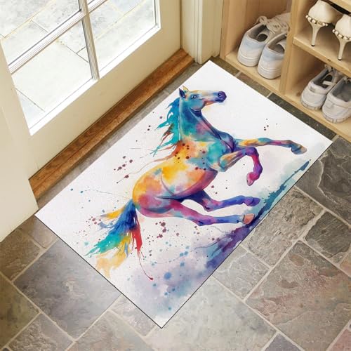 CEDNXOER Türmatten Waschbar 90x150 cm Aquarell Pferd, Anti-Rutsch Schmutzfang Bodenmatte, Abstrakte Tiere Innen Haustür Matten, Weiß Absorbierende Low Profile Matte für Halle Eingang von CEDNXOER