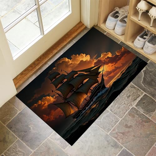 CEDNXOER Türmatten Waschbar 90x150 cm Sonnenuntergang Segelboot, Anti-Rutsch Schmutzfang Bodenmatte, Meerblick Natur Innen Haustür Matten, Orange Absorbierende Low Profile Matte für Halle Eingang von CEDNXOER