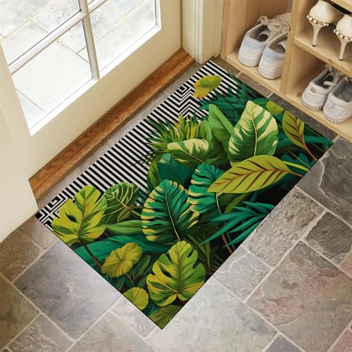 CEDNXOER Türmatten Waschbar 90x150 cm Tropischer Dschungel, Anti-Rutsch Schmutzfang Bodenmatte, Schwarz Weiß Geometrisch Innen Haustür Matten, Grün Absorbierende Low Profile Matte für Halle Eingang von CEDNXOER