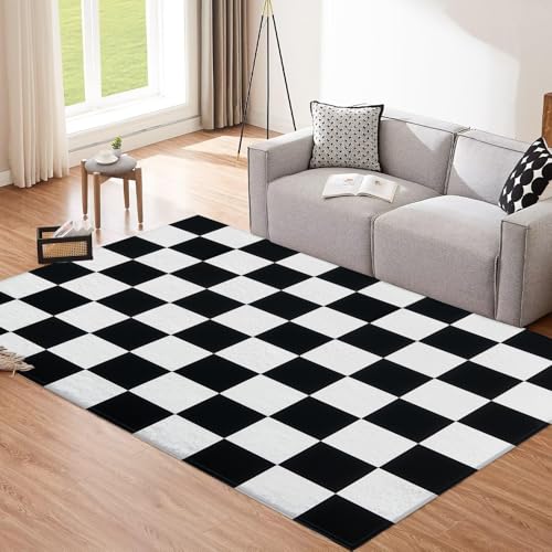 CEDNXOER Überprüft Teppich, 180x270cm Waschbare Große Wohnzimmer, Schwarz Weiß Karo Teppiche für Schlafzimmer, Geometrie rutschfeste Low Pile Raumteppich für Küche Eingang Bad Kinderzimmer von CEDNXOER