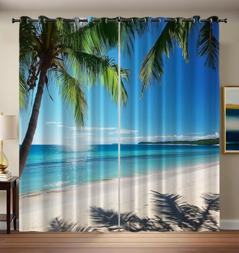 CEDNXOER Verdunkelungsvorhänge 3D Palmen, Vorhänge Tropischer Strand Drucken Blickdicht 2er Set H 175 x B 140 cm,Himmelblau, Gardinen mit Ösen, Abdunkelnde Vorhänge Wohnzimmer Schlafzimmer von CEDNXOER