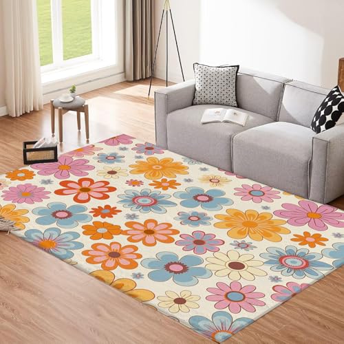 CEDNXOER Vintage Stilvoll Blumen Teppich Wohnzimmer 80x150cm, Kurzflor Weich rutschfest Waschbare Teppiche, Abstrakt Blütenblätter Deko Teppich Größe Bettvorleger Schlafzimmer Kinderzimmer 80x150cm von CEDNXOER