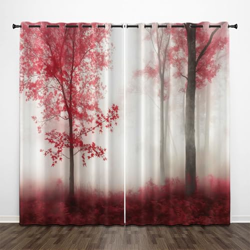 CEDNXOER Vorhang Blickdicht Vorhänge Rot 2er Set H 175 x B 140 cm Verdunklungsvorhänge mit Ösen, Abstrakter Wald Fenstergardinen,Verdunkelungsvorhang Ösenschal Rote Blätter Gardinen von CEDNXOER