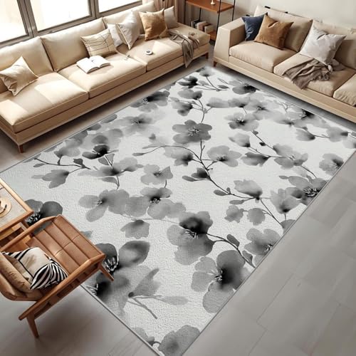 CEDNXOER Waschbarer Teppich Wohnzimmer Warmes Grau 240x340cm Tinte Blütenblätter Batik Blumen Kurzflor Teppich Groß Super Weich rutschfest Teppiche für Esszimmer Schlafzimmer von CEDNXOER