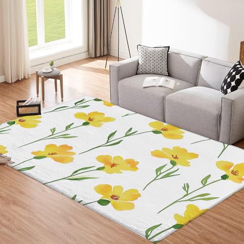 CEDNXOER Weiß Teppich, 120x180cm Waschbare Große Wohnzimmer, Gelbe Wildblumen Teppiche für Schlafzimmer, Abstrakt Blumen rutschfeste Low Pile Raumteppich für Küche Eingang Bad Kinderzimmer von CEDNXOER