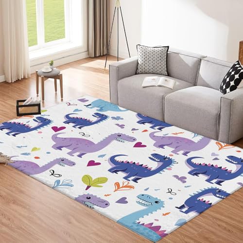 CEDNXOER Weiß Teppich, 50x80cm Waschbare Große Wohnzimmer, Zeichentrick Tiere Teppiche für Schlafzimmer, Blauer Dinosaurier rutschfeste Low Pile Raumteppich für Küche Eingang Bad Kinderzimmer von CEDNXOER