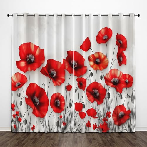 CEDNXOER Weiß Vorhänge Blickdicht Pflanze Blumen Vorhang 2er Set H 200 x B 70 cm, Ultra Soft Verdunklungsvorhänge mit Ösen Thermovorhang Aquarell Mohnblumen Gardinen für Schlafzimmer Küche von CEDNXOER