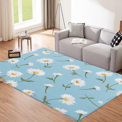 CEDNXOER Weißes Gänseblümchen Teppich Wohnzimmer 140x200cm, Kurzflor Weich rutschfest Waschbare Teppiche, Handgezeichnete Blumen Deko Teppich Größe Bettvorleger Schlafzimmer Kinderzimmer 140x200cm von CEDNXOER