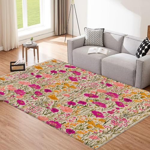 CEDNXOER Wildblumen Teppich Wohnzimmer 140x200cm, Kurzflor Weich rutschfest Waschbare Teppiche, Landschaft Blumen Deko Teppich Größe Bettvorleger Schlafzimmer Kinderzimmer 140x200cm von CEDNXOER