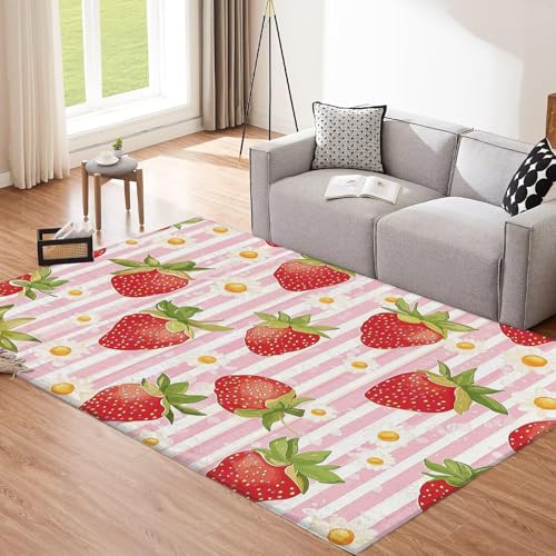 CEDNXOER Zartrosa Teppich, 120x180cm Waschbare Große Wohnzimmer, Rot Erdbeere Teppiche für Schlafzimmer, Cartoon-Frucht rutschfeste Low Pile Raumteppich für Küche Eingang Bad Kinderzimmer von CEDNXOER