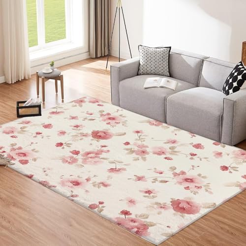 Creme Teppich, 160x230cm Waschbare Große Wohnzimmer, Rosa Blütenblätter Teppiche für Schlafzimmer, Vintage Beunruhigt Blumen Rutschfeste Low Pile Raumteppich für Küche Eingang Bad Kinderzimmer von CEDNXOER