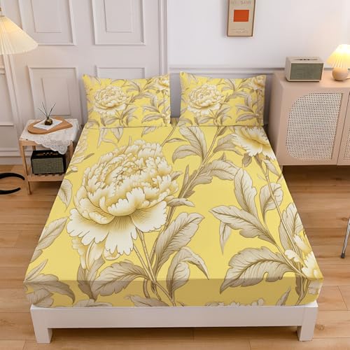 Elegante Pfingstrose Spannbettlaken 160x200cm Verdickter Bettlaken 30cm Extra Tiefe Tasche, Luxus Blumen Elastisch Spannbetttuch Weich und Atmungsaktiv für Boxspringbett Gelb Elegante Pfingstrose Spannbettlaken 160x200cm Verdickter Bettlaken 30cm Extra Tiefe Tasche, Luxus Blumen Elastisch Spannbetttuch Weich und Atmungsaktiv für Boxspringbett Gelb von CEDNXOER