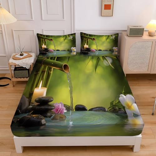 Felsen Bambus Spannbettlaken 160x200cm Kinder, Zen Pflanzen Bettlaken 3D Spannbetttuch, Grün Spannbetttücher Topper 30 cm Höhe Weiche Mikrofaser Boxspringbett mit 2 Kissenbezügen Felsen Bambus Spannbettlaken 160x200cm Kinder, Zen Pflanzen Bettlaken 3D Spannbetttuch, Grün Spannbetttücher Topper 30 cm Höhe Weiche Mikrofaser Boxspringbett mit 2 Kissenbezügen von CEDNXOER