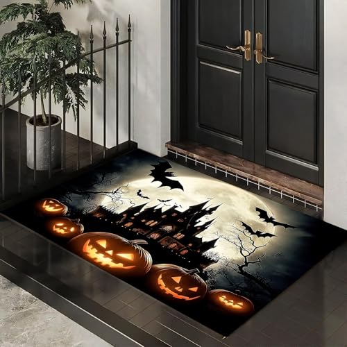 Fußmatte Innen 60x90 cm, Dunkles Schloss Schmutzfangmatte, Vollmond Kürbisse Fledermäuse rutschfest Fußmatte Waschbar, Schwarz Saugstarke Eingangsteppich, Dünne Fussmatte, Türmatte für Eingang Fußmatte Innen 60x90 cm, Dunkles Schloss Schmutzfangmatte, Vollmond Kürbisse Fledermäuse rutschfest Fußmatte Waschbar, Schwarz Saugstarke Eingangsteppich, Dünne Fussmatte, Türmatte für Eingang von CEDNXOER