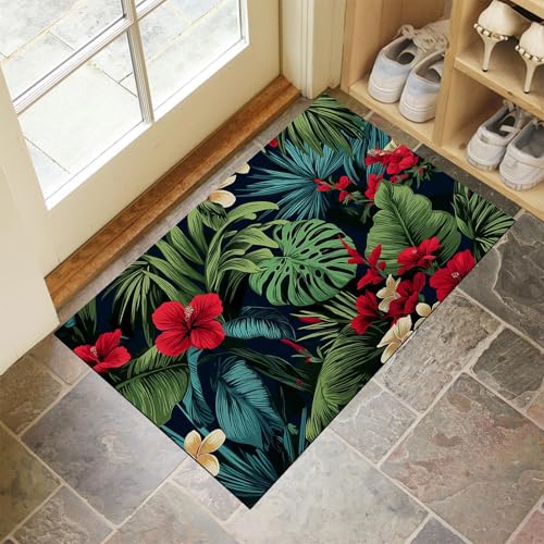 Fußmatte Innen 80x120 cm, Blumen Blätter Schmutzfangmatte, Tropische Pflanzen rutschfest Fußmatte Waschbar, Grün Saugstarke Eingangsteppich, Dünne Fussmatte, Türmatte für Eingang von CEDNXOER