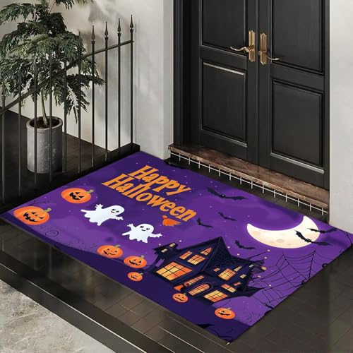 Fußmatte Innen 80x120 cm, Süßer Geisterkürbis Schmutzfangmatte, Düsteres Schloss rutschfest Fußmatte Waschbar, Lila Saugstarke Eingangsteppich, Dünne Fussmatte, Türmatte für Eingang von CEDNXOER