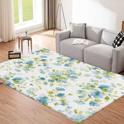 Hellblau Teppich, 120x180cm Waschbare Große Wohnzimmer, Abstrakt Blütenblätter Teppiche für Schlafzimmer, Salbeigrüne Blätter Rutschfeste Low Pile Raumteppich für Küche Eingang Bad Kinderzimmer von CEDNXOER