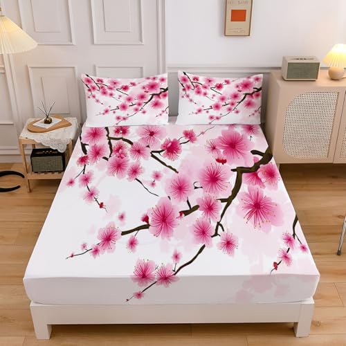 Kirschblüten Zweige Spannbettlaken 160x200cm Kinder, Chinesischer Stil Pflanzen Bettlaken 3D Spannbetttuch, Rosa Spannbetttücher Topper 30 cm Höhe Weiche Mikrofaser Boxspringbett mit 2 Kissenbezügen Kirschblüten Zweige Spannbettlaken 160x200cm Kinder, Chinesischer Stil Pflanzen Bettlaken 3D Spannbetttuch, Rosa Spannbetttücher Topper 30 cm Höhe Weiche Mikrofaser Boxspringbett mit 2 Kissenbezügen von CEDNXOER