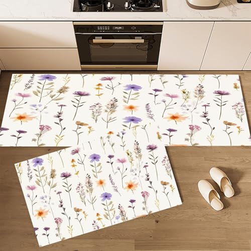 Küchenteppich Set 2 Stück Rutschfeste Küchenmatte Set, Landschaft Blütenblätter Blumen Lila Wildblumen Waschbare Küchenbodenmatte für Küche, Eingang, Flur Läuferset waschbare Läufer, 40×60cm+40×120cm von CEDNXOER