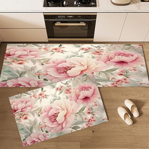 Küchenteppich Set 2 Stück Rutschfeste Küchenmatte Set, Landschaft Blumen Pflanzen Pfingstrose Blumen Waschbare Küchenbodenmatte für Küche, Eingang, Flur Läuferset waschbare Läufer, 43×75cm+43×120cm von CEDNXOER