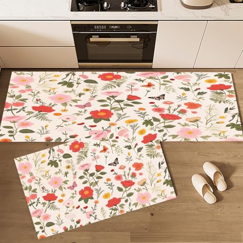 Küchenteppich Set 2 Stück Rutschfeste Küchenmatte Set, Retro Blumen Wildrose Und Schmetterling Waschbare Küchenbodenmatte für Küche, Eingang, Flur Läuferset waschbare Läufer, 43×75cm+43×120cm Küchenteppich Set 2 Stück Rutschfeste Küchenmatte Set, Retro Blumen Wildrose Und Schmetterling Waschbare Küchenbodenmatte für Küche, Eingang, Flur Läuferset waschbare Läufer, 43×75cm+43×120cm von CEDNXOER