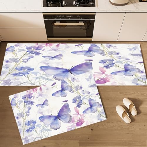 Küchenteppich Set 2 Stück Rutschfeste Küchenmatte Set,Aquarell Blumen Blumen Löwenzahn Und Schmetterling Waschbare Küchenbodenmatte für Küche,Eingang,Flur Läuferset waschbare Läufer,45×75cm+45×150cm von CEDNXOER