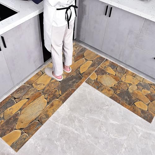 Küchenteppich Teppich Läufer Küchenläufer 2 Stück, Abstrakt Steinmauer küchenläufer Waschbar rutschfest Küchenmatte, Unregelmäßige Steine Fußmatte für Drinnen, Braun Teppichläufer, 43×75cm+43×120cm von CEDNXOER