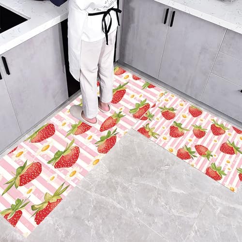 Küchenteppich Teppich Läufer Küchenläufer 2 Stück, Aquarell Obst küchenläufer Waschbar rutschfest Küchenmatte, Weiße Blüten Erdbeere Fußmatte für Drinnen, Rosa Teppichläufer, 45×75cm+45×150cm Küchenteppich Teppich Läufer Küchenläufer 2 Stück, Aquarell Obst küchenläufer Waschbar rutschfest Küchenmatte, Weiße Blüten Erdbeere Fußmatte für Drinnen, Rosa Teppichläufer, 45×75cm+45×150cm von CEDNXOER