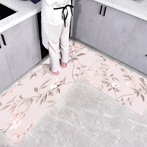 Küchenteppich Teppich Läufer Küchenläufer 2 Stück, Chinesischer Stil Geblümt küchenläufer Waschbar rutschfest Küchenmatte, Blumen Reben Fußmatte für Drinnen, Hellrosa Teppichläufer, 45×75cm+45×150cm von CEDNXOER