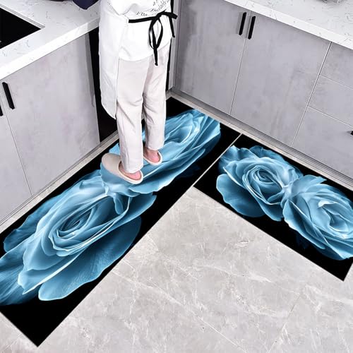 Küchenteppich Teppich Läufer Küchenläufer 2 Stück, Elegant Romantisch Blumig küchenläufer Waschbar rutschfest Küchenmatte, Blaue Rose Fußmatte für Drinnen, Schwarz Teppichläufer, 50×80cm+50×160cm von CEDNXOER