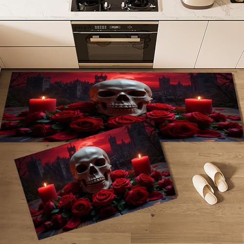 Küchenteppich Teppich Läufer Küchenläufer 2 Stück, Gotische Burg küchenläufer Waschbar rutschfest Küchenmatte, Totenkopf Rosen Kerzen Fußmatte für Drinnen, Rot Teppichläufer, 50×80cm+50×160cm Küchenteppich Teppich Läufer Küchenläufer 2 Stück, Gotische Burg küchenläufer Waschbar rutschfest Küchenmatte, Totenkopf Rosen Kerzen Fußmatte für Drinnen, Rot Teppichläufer, 50×80cm+50×160cm von CEDNXOER