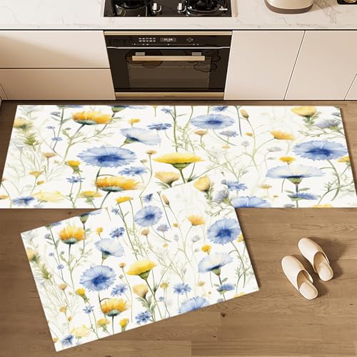 Küchenteppich Teppich Läufer Küchenläufer 2 Stück, Landblumen Pflanzen küchenläufer Waschbar rutschfest Küchenmatte, Wildblumen Löwenzahn Fußmatte für Drinnen, Weiß Teppichläufer, 40×60cm+40×120cm von CEDNXOER