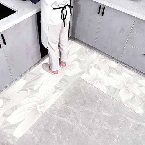 Küchenteppich Teppich Läufer Küchenläufer 2 Stück, Minimalismus Blumen küchenläufer Waschbar rutschfest Küchenmatte, Weiße Orchidee Fußmatte für Drinnen, Grau Weiß Teppichläufer, 50×80cm+50×160cm von CEDNXOER