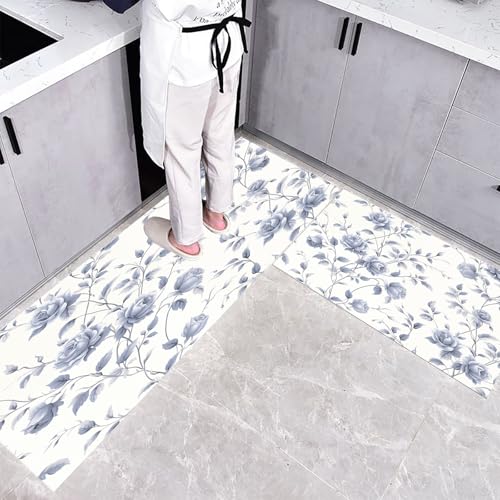Küchenteppich Teppich Läufer Küchenläufer 2 Stück, Retro Country Blumen küchenläufer Waschbar rutschfest Küchenmatte, Blaue Pfingstrose Fußmatte für Drinnen, Weiß Teppichläufer, 45×75cm+45×150cm von CEDNXOER
