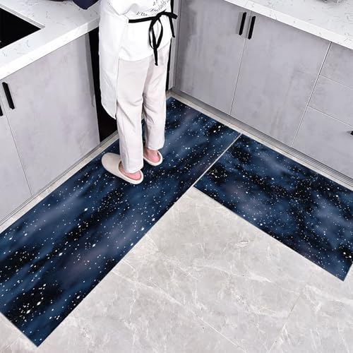 Küchenteppich Teppich Läufer Küchenläufer 2 Stück, Universum Galaxie küchenläufer Waschbar rutschfest Küchenmatte, Sternenhimmel Nebel Fußmatte für Drinnen, Dunkelblau Teppichläufer, 43×75cm+43×120cm von CEDNXOER