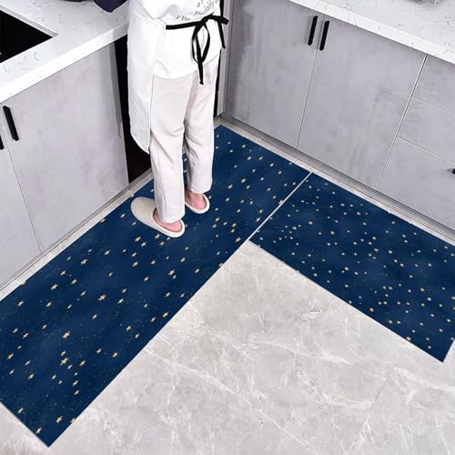 Küchenteppich Teppich Läufer Küchenläufer 2 Stück, Zeichentrick Universum küchenläufer Waschbar rutschfest Küchenmatte, Gelber Stern Fußmatte für Drinnen, Dunkelblau Teppichläufer, 40×60cm+40×120cm von CEDNXOER